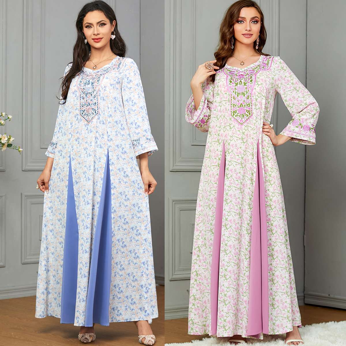 3707 Middle East Amazon Cross-Border New Elegant Women's Dubai Long Skirt Embroidered Contrasting Color Splicing Dress