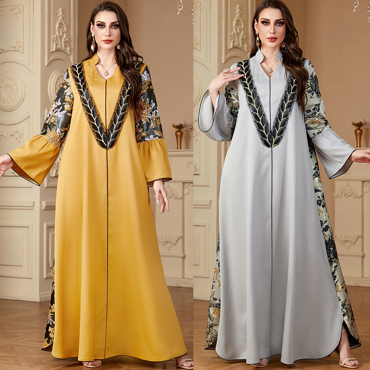 4174 Middle East Cross-Border Muslim Robe Women's Long Skirt Jacquard Stitching Contrast Embroidery V-Neck Long-Sleeved Dress