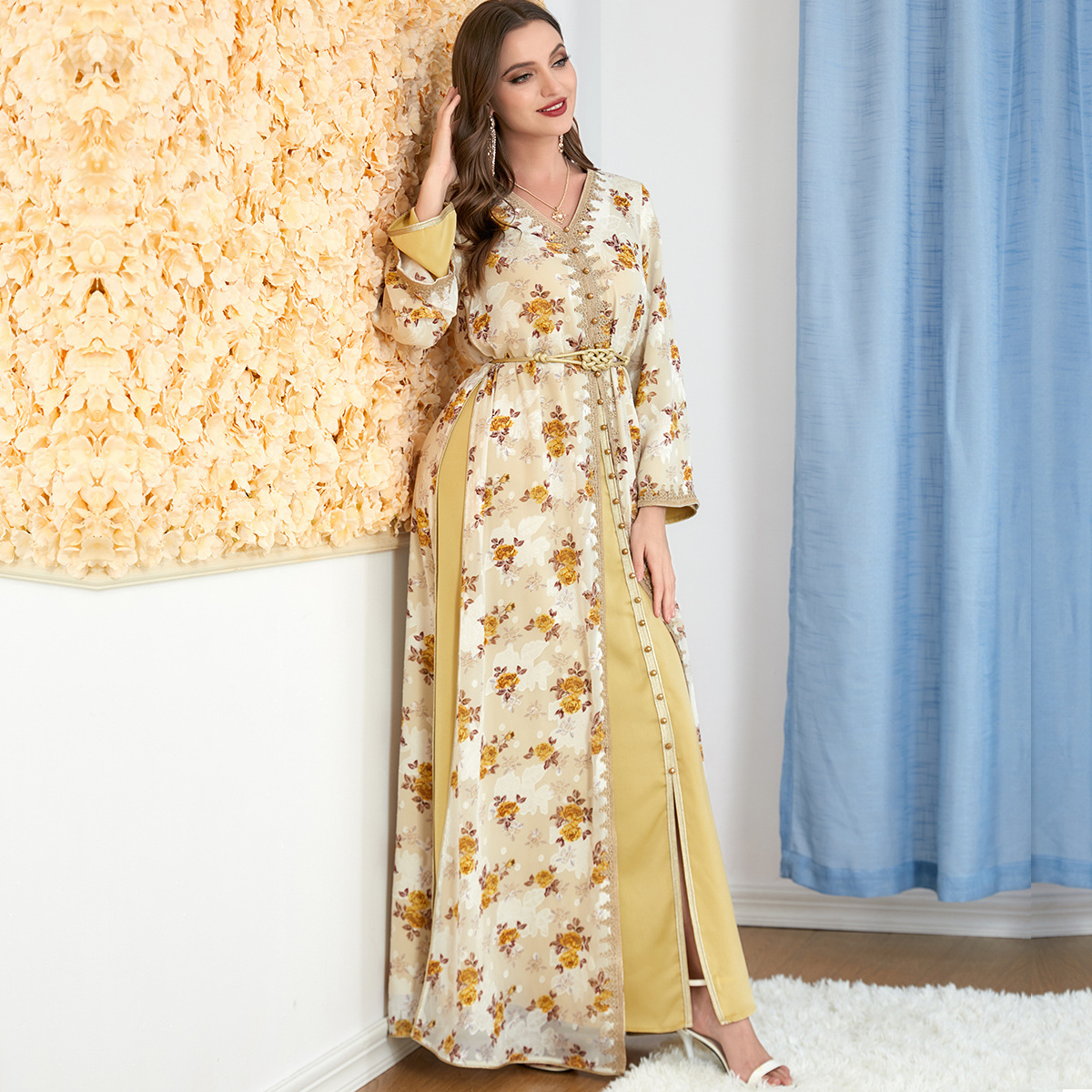 3283 Apricot Muslim Dress New Spring And Summer Women's Foreign Trade Two-Piece Long Skirt Cross-Border Long-Sleeved Dress - Image 2