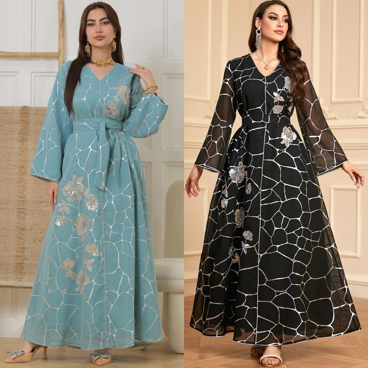 4077 Middle East New Cross-Border Muslim Robe Women's Sequin Appliqué Hot Stamping V-Neck Long-Sleeved Dress