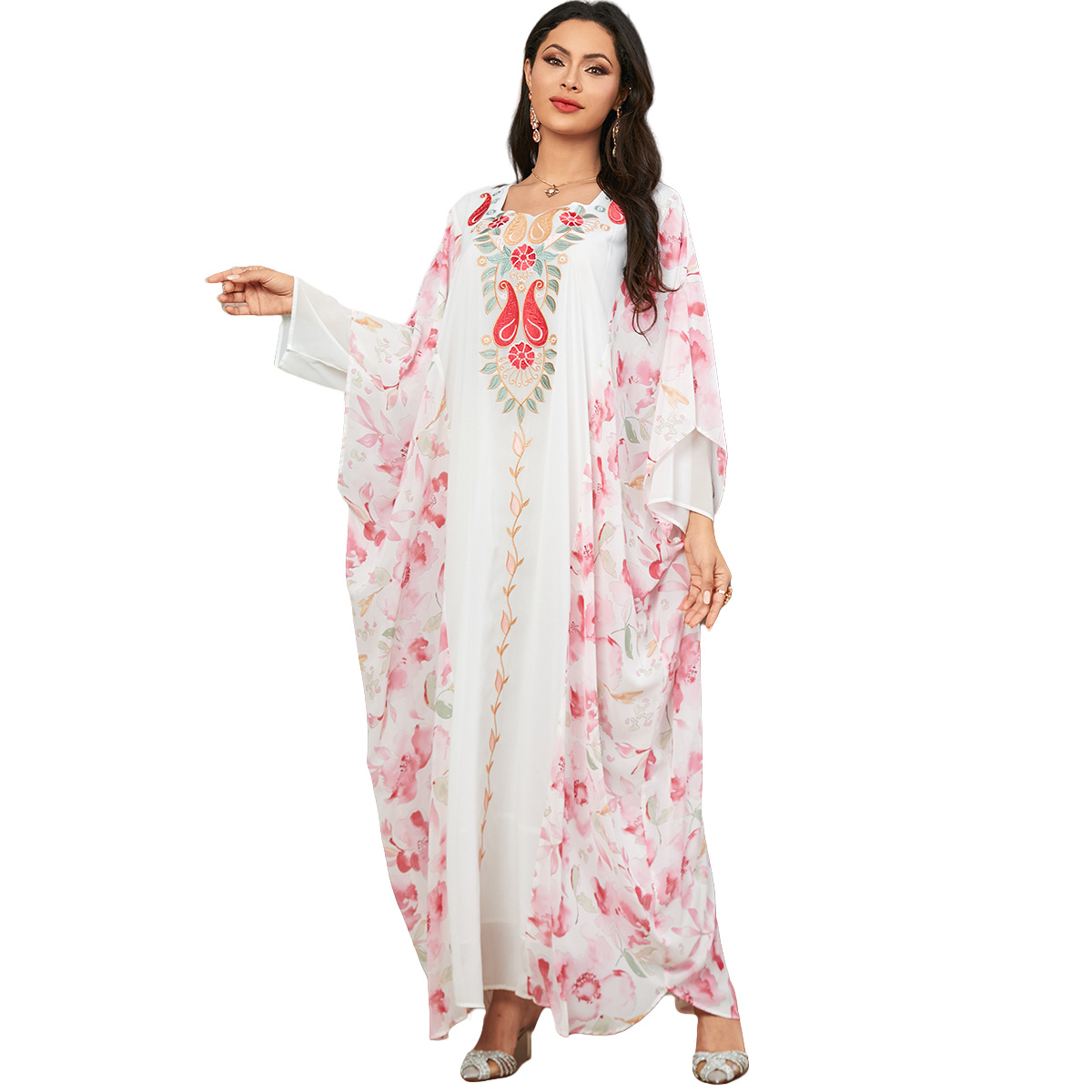 3628 Muslim Women's Arabian Dubai Abaya Embroidered Digital Print Fashion Contrast Color Bat Sleeve Dress - Image 5