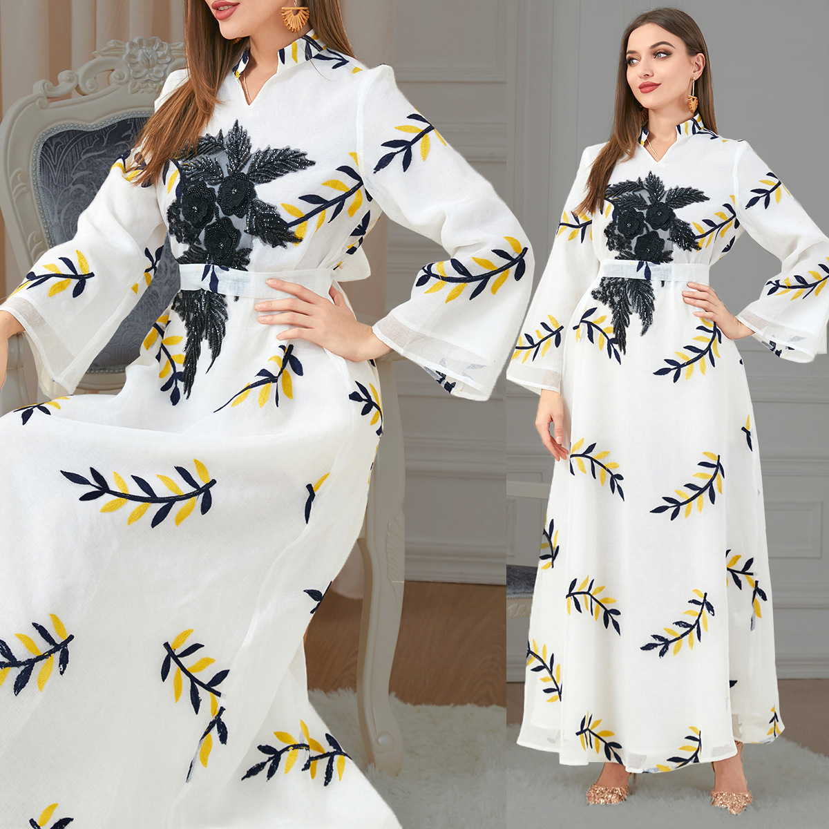3181 Dress Autumn Clothing 2022 New Arrival Temperament Women's Long Sleeve Dress Embroidered Long Skirt Abaya Robe - Image 3