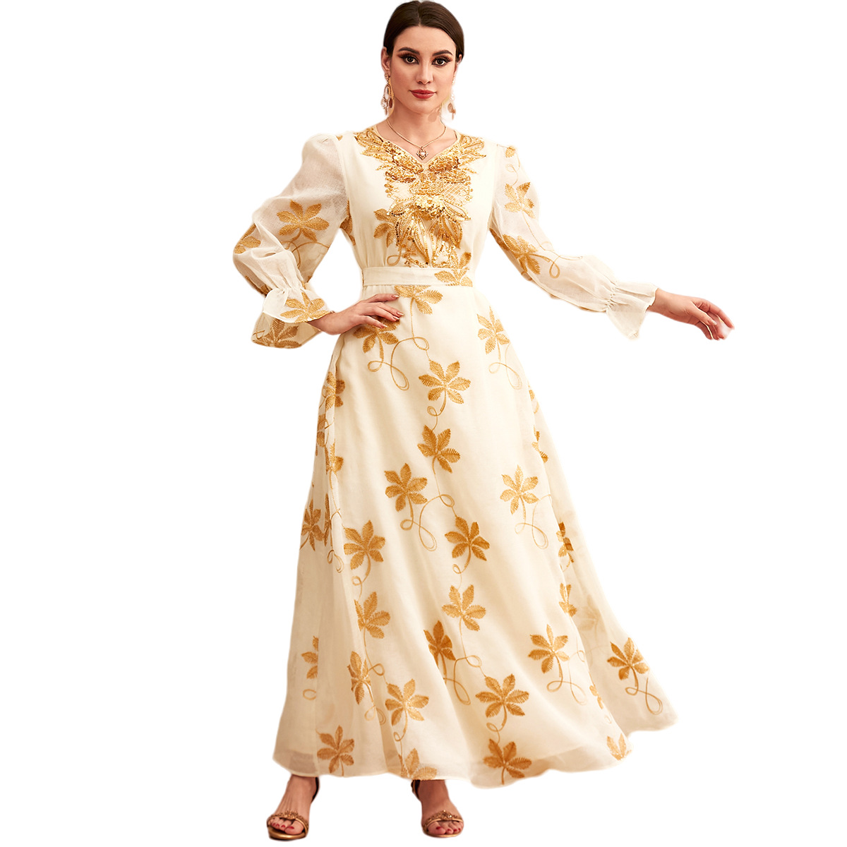 3973 Southeast Asia Cross-Border Middle East Foreign Trade Women's Clothing Dubai Arabian Robe Evening Dress Mesh Embroidered Dress - Image 5
