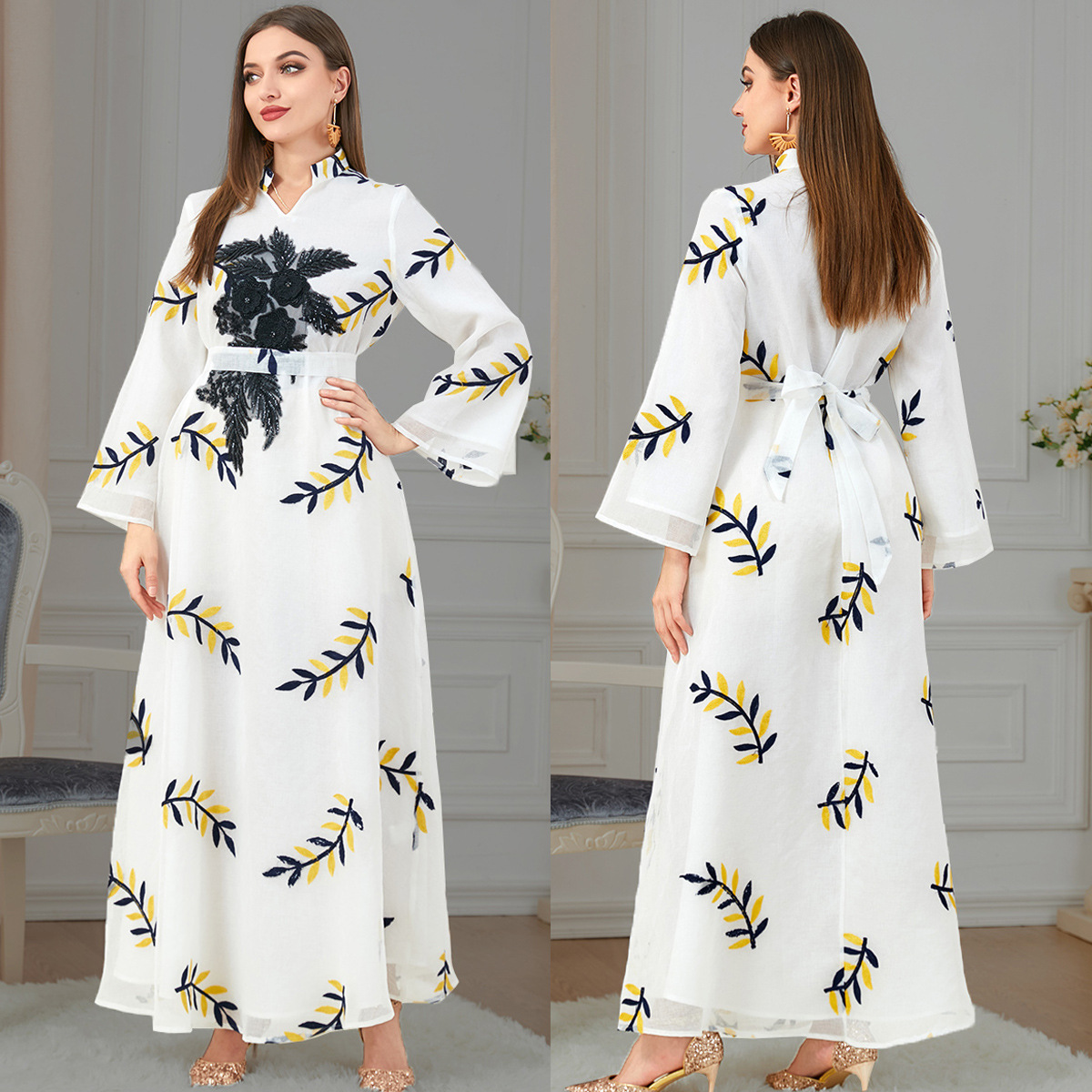 3181 Dress Autumn Clothing 2022 New Arrival Temperament Women's Long Sleeve Dress Embroidered Long Skirt Abaya Robe