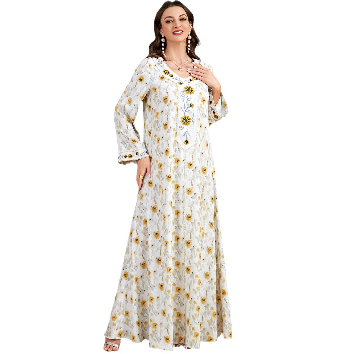 3519 European And American Foreign Trade Cross-Border Middle Eastern Robe Women's Abaya Embroidered Muslim Women's Long-Sleeved Dress - Image 5