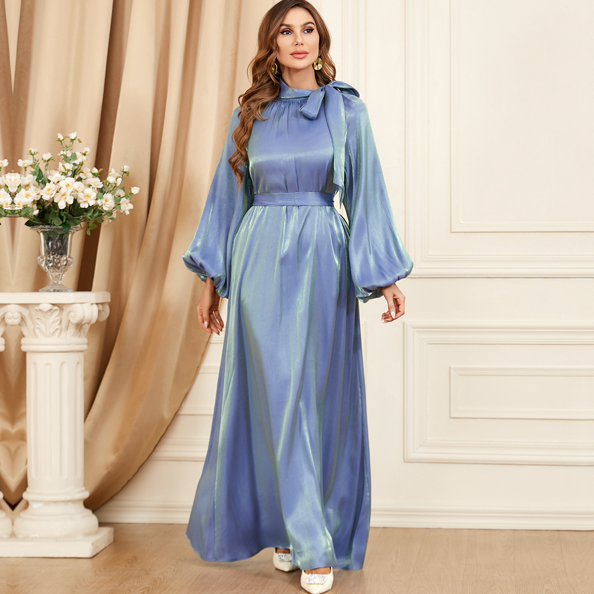 3349 Middle Eastern Women's Arabic Clothing New Lace-Up Solid Color Cross-Border Long-Sleeved European And American Foreign Trade Dress