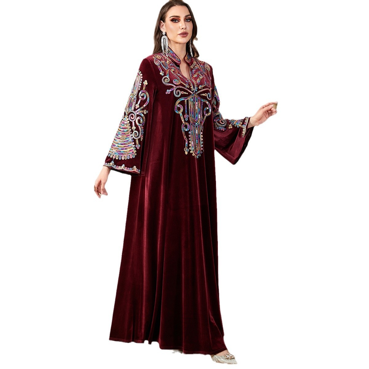 4199 Middle East Cross-Border Gold Velvet Sequin Rope Embroidery Arabic Long Skirt Muslim Autumn And Winter Long-Sleeved Dress - Image 5