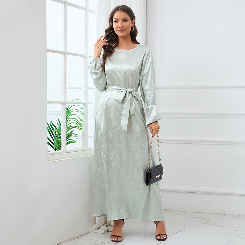 Directly From The Factory, Yi Duoduo's New Elegant Lantern Sleeve Dress Solid Color Jacquard Fabric Round Neck Long Skirt 21515 - Image 4