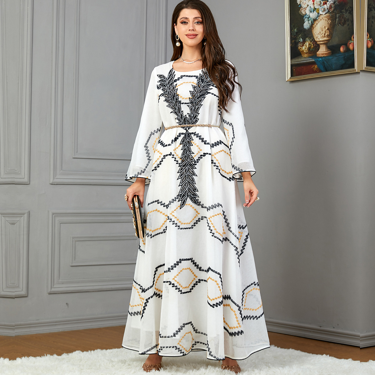 3800 Aliexpress Independent Station Round Neck Mesh Embroidered Arabian Evening Dress Muslim Long Sleeve Dress