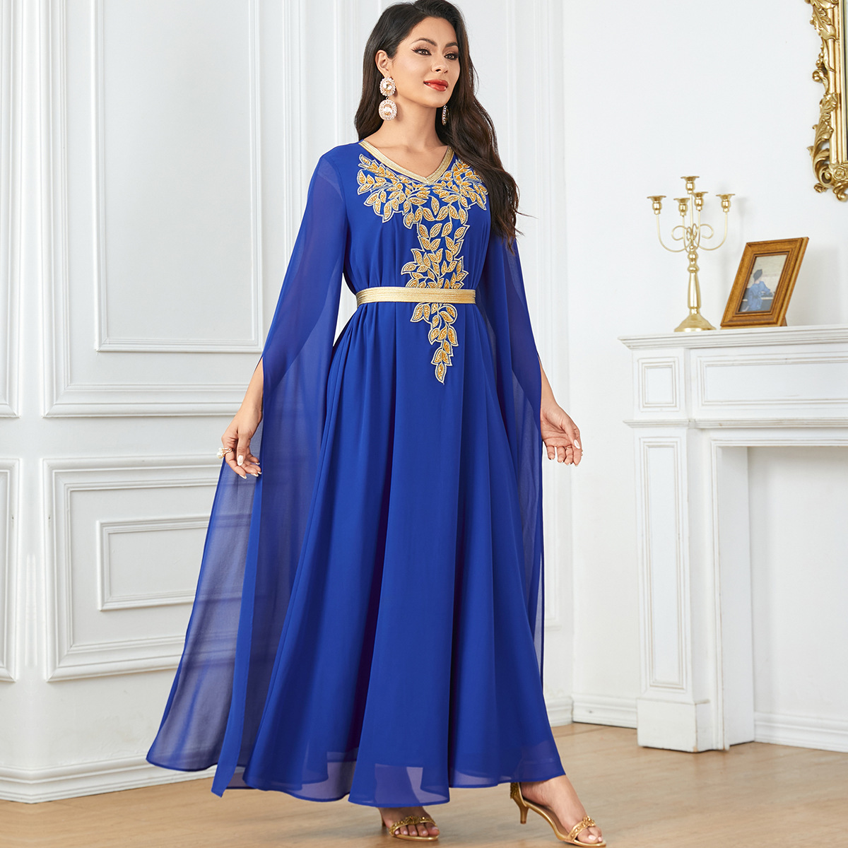 3853 Middle East Amazon Cross-Border New Solid Color Muslim Robe Extra Long Sleeves Wide Swing Women's Dress - Image 3