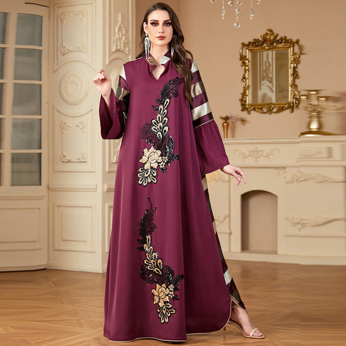 4162 Middle East Cross-Border New Style Spliced Long Skirt Loose Women's Robe Muslim Striped Contrast Stitching Dress - Image 2