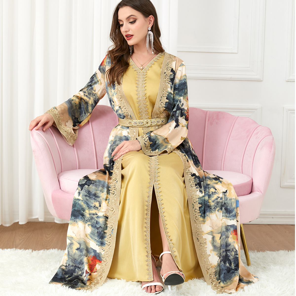 3218 Middle Eastern Robe Spliced Muslim Two-Piece Dress Muslim Clothes Foreign Trade Suit Women's Fashion