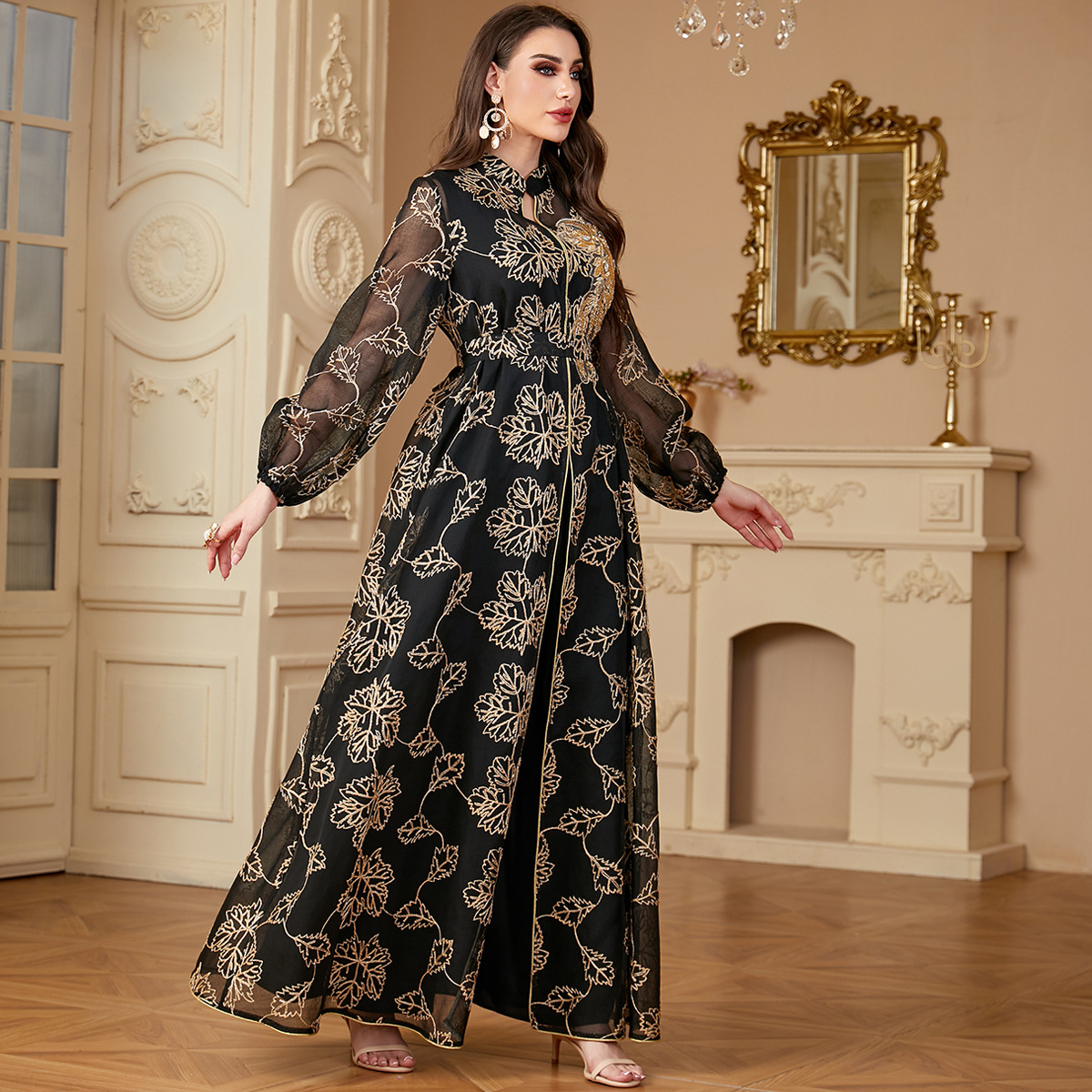 4064 Middle East Cross-Border New Fashion And Elegant Embroidered Women's Muslim Long Skirt Abaya Two-Piece Dress - Image 4