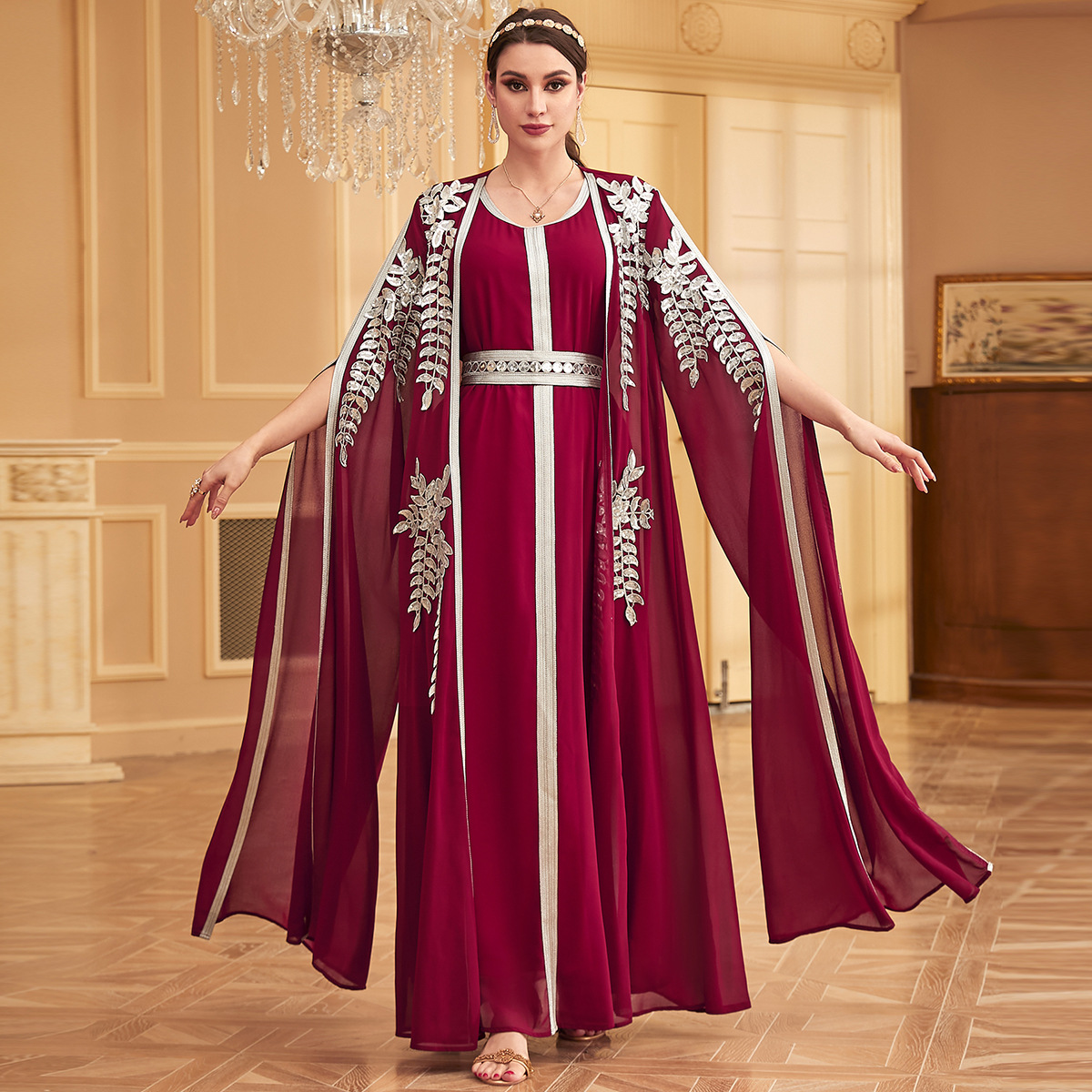 3936 Middle Eastern Muslim Robe Women's Long Skirt Abaya Cross-Border Fashion Dubai Foreign Trade Two-Piece Evening Dress - Image 2
