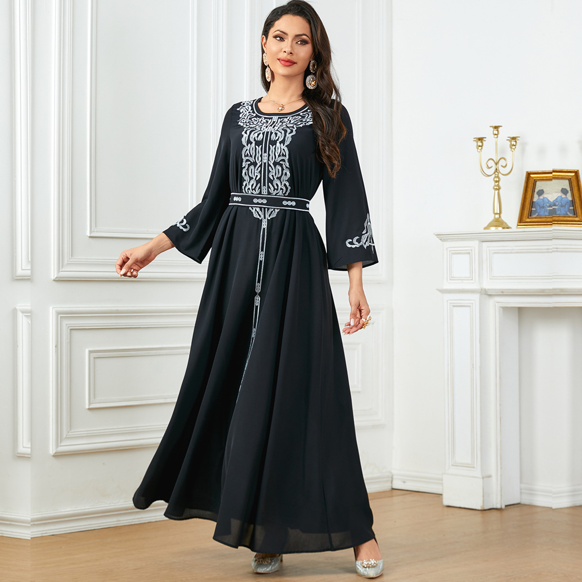 3711 Amazon Middle East Cross-Border New Large Swing Muslim Robe Women's Embroidered Dubai Dress - Image 3
