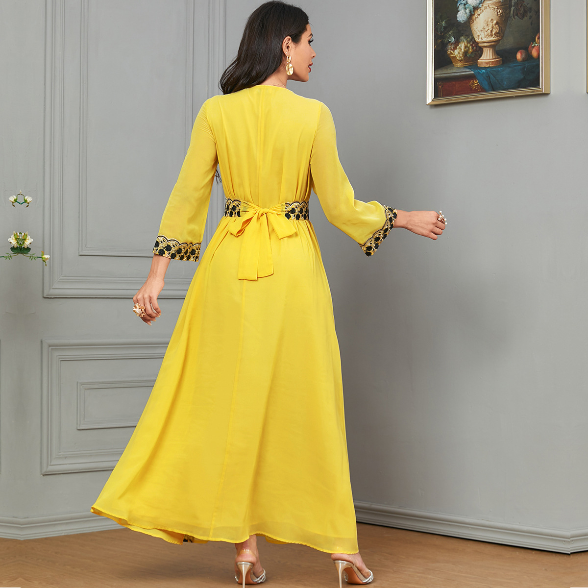 3678 Southeast Asia Hot Selling Cross-Border Muslim New Women's Clothing Middle East Dubai Arabian Robe Solid Color Dress - Image 2