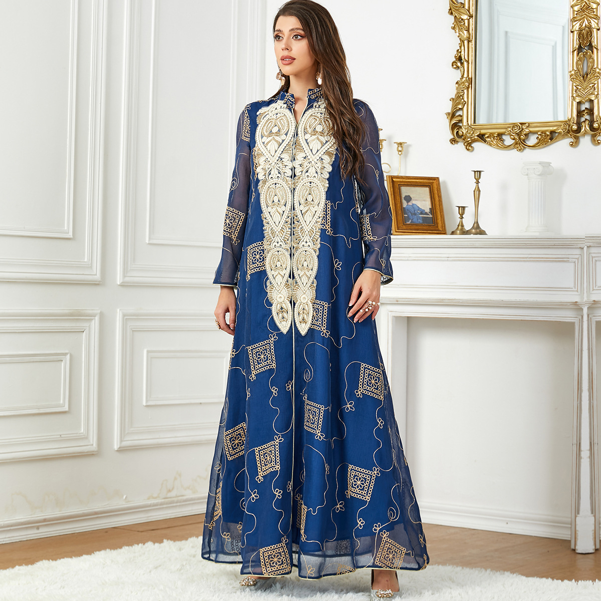 3782 Middle East Cross-Border Muslim Women's Elegant Long Skirt Fashionable Loose Mesh Embroidered Robe Dress - Image 2