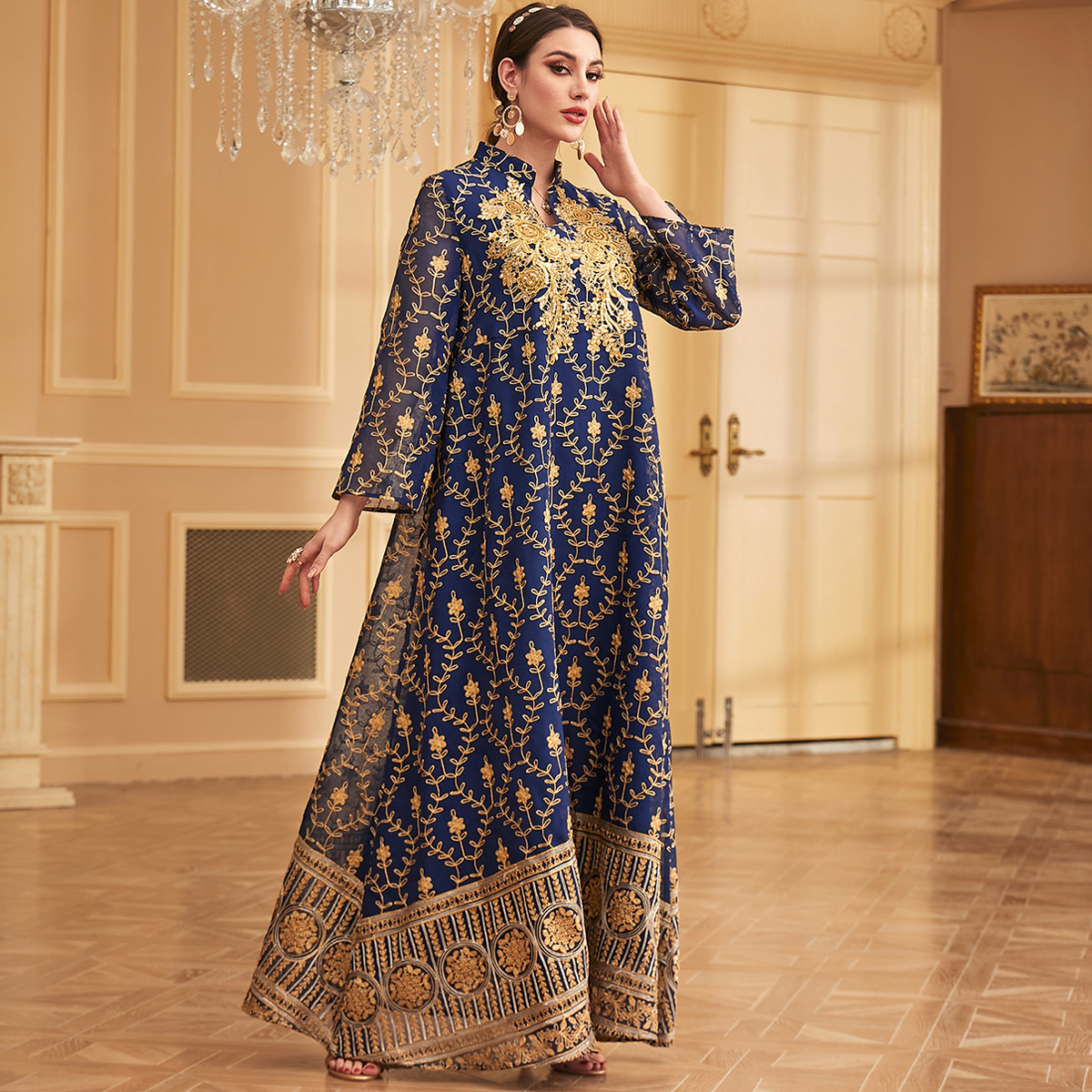 3970 Middle East Cross-Border New Embroidery Positioning Flower Long Skirt Muslim Robe Arabic Women's Casual Dress - Image 3