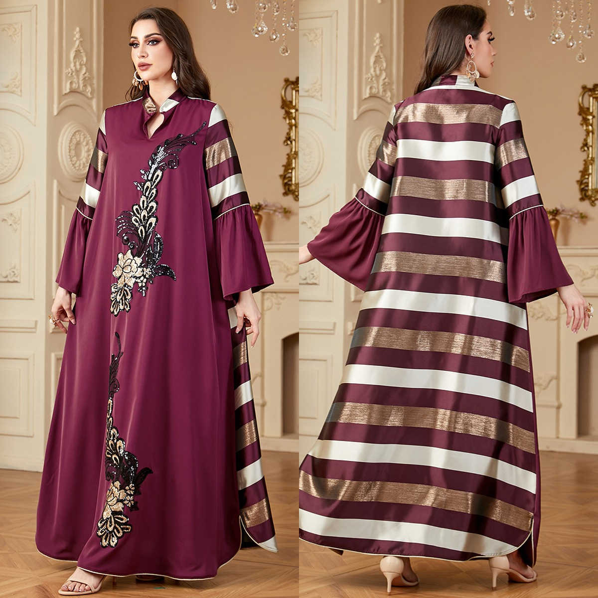 4162 Middle East Cross-Border New Style Spliced Long Skirt Loose Women's Robe Muslim Striped Contrast Stitching Dress