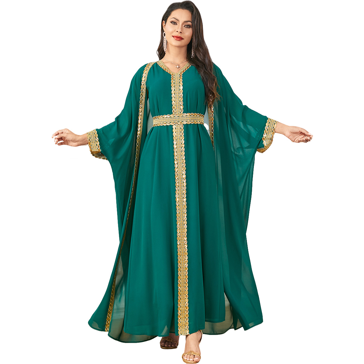 3841 Middle East Foreign Trade Cross-Border 2024 New Muslim Chiffon Solid Color V-Neck Gold Webbing Loose Dress - Image 5