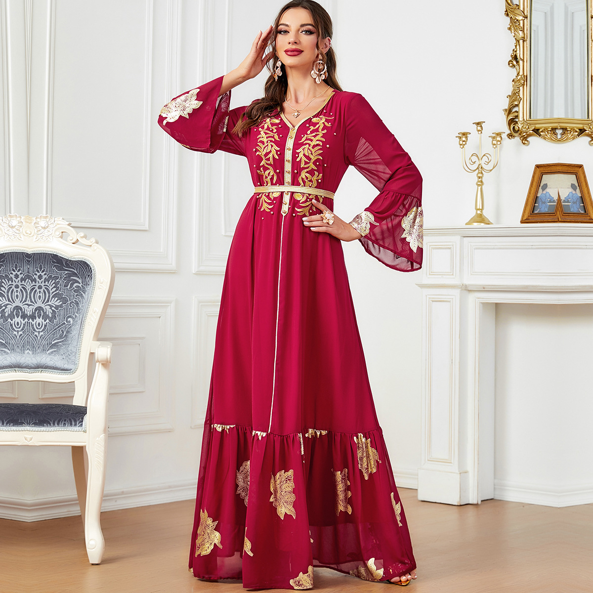 3599 European And American Foreign Trade E-Commerce Middle East Popular Cross-Border Multi-Color Hot Stamping Embroidered Jalabiya Dubai Dress - Image 3