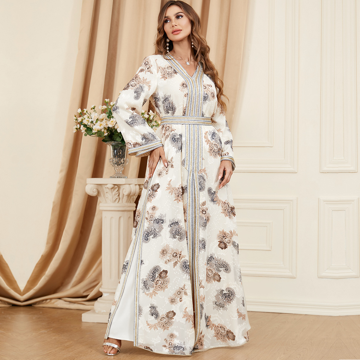 3322 New Middle Eastern Arabian Autumn And Winter Robe Fashion Foreign Trade Women's Printed Two-Piece Evening Dress Dress - Image 2