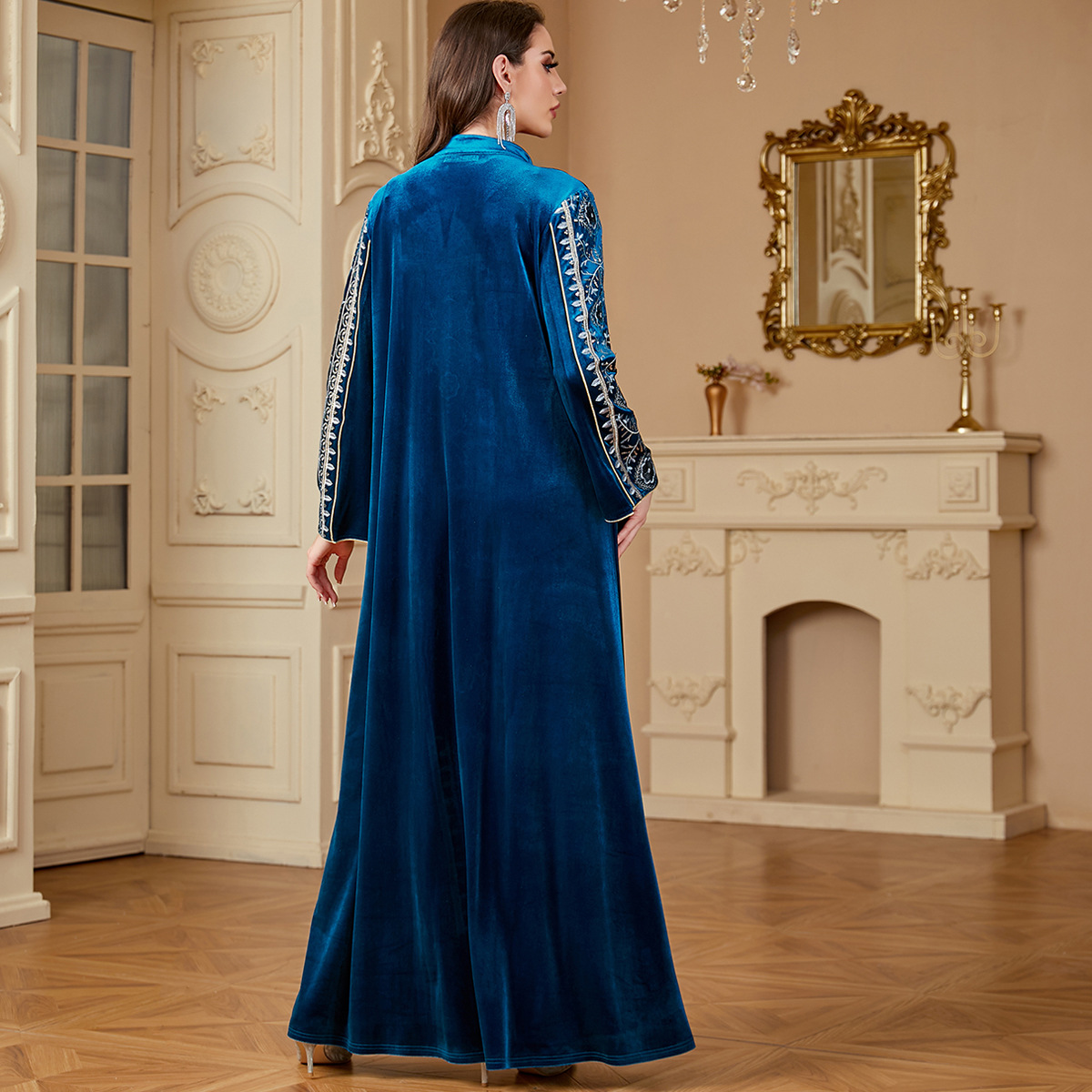 4202 Cross-Border Middle Eastern Women's Robe Foreign Trade Heavy Industry Embroidery Stitching Muslim Dress V-Neck Dubai Long Dress - Image 4