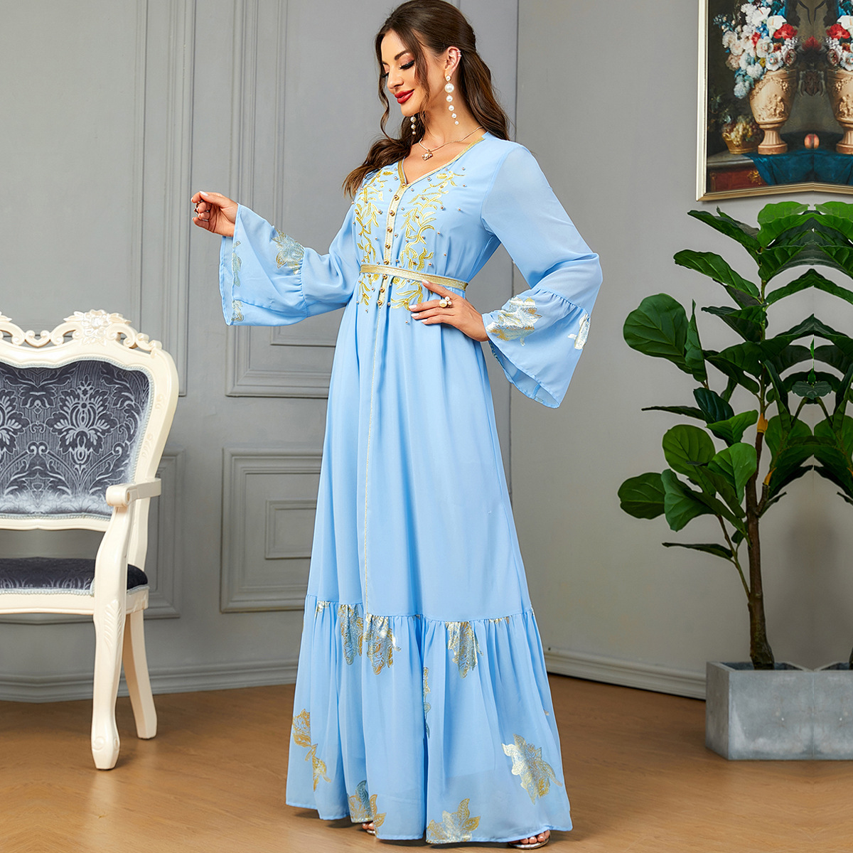 3599 European And American Foreign Trade E-Commerce Middle East Popular Cross-Border Multi-Color Hot Stamping Embroidered Jalabiya Dubai Dress - Image 2