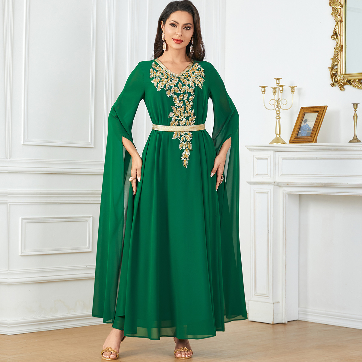 3853 Middle East Amazon Cross-Border New Solid Color Muslim Robe Extra Long Sleeves Wide Swing Women's Dress - Image 6