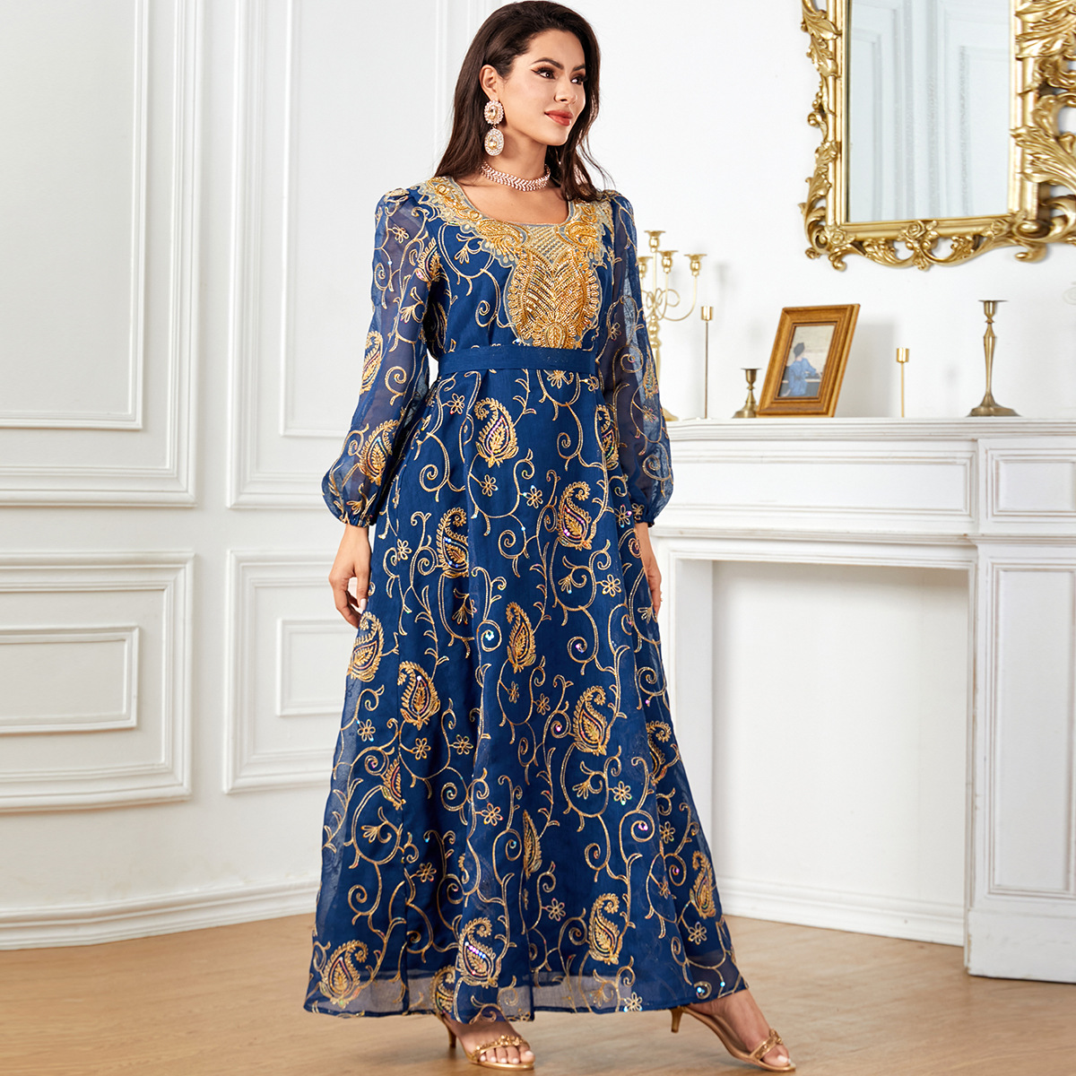 4038 Middle East Cross-Border Muslim Women's Arabian Dubai Abaya Embroidered Fashion Long Sleeve Dress - Image 2