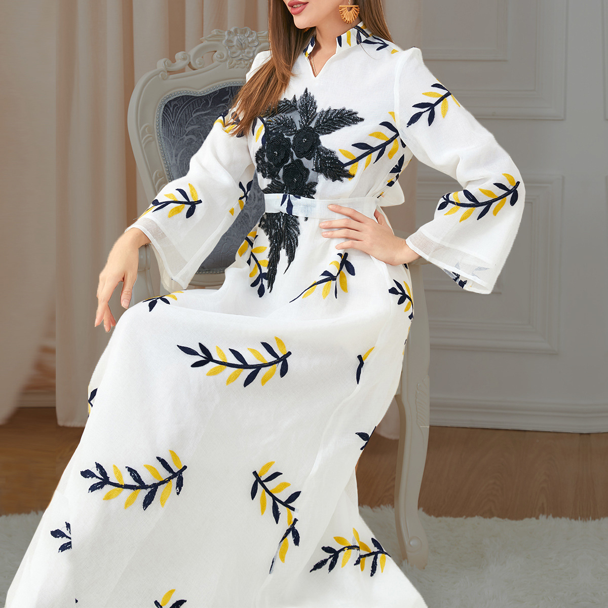 3181 Dress Autumn Clothing 2022 New Arrival Temperament Women's Long Sleeve Dress Embroidered Long Skirt Abaya Robe - Image 4