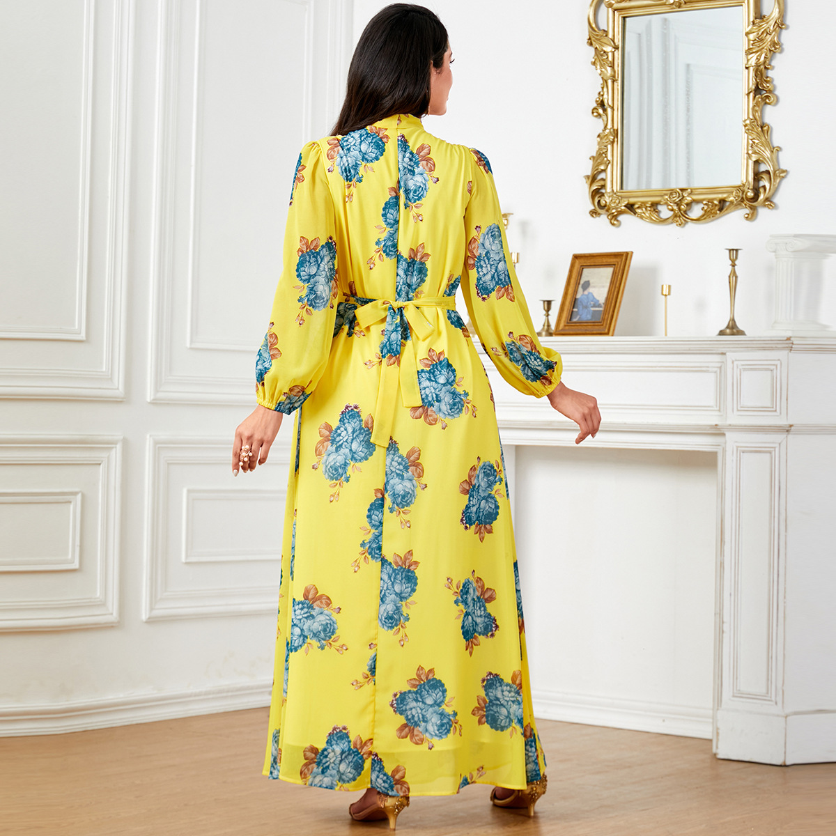 4030 Foreign Trade Cross-Border E-Commerce Fashion Print Middle Eastern Arabian Long Skirt Muslim Women's Long-Sleeved Dress - Image 4