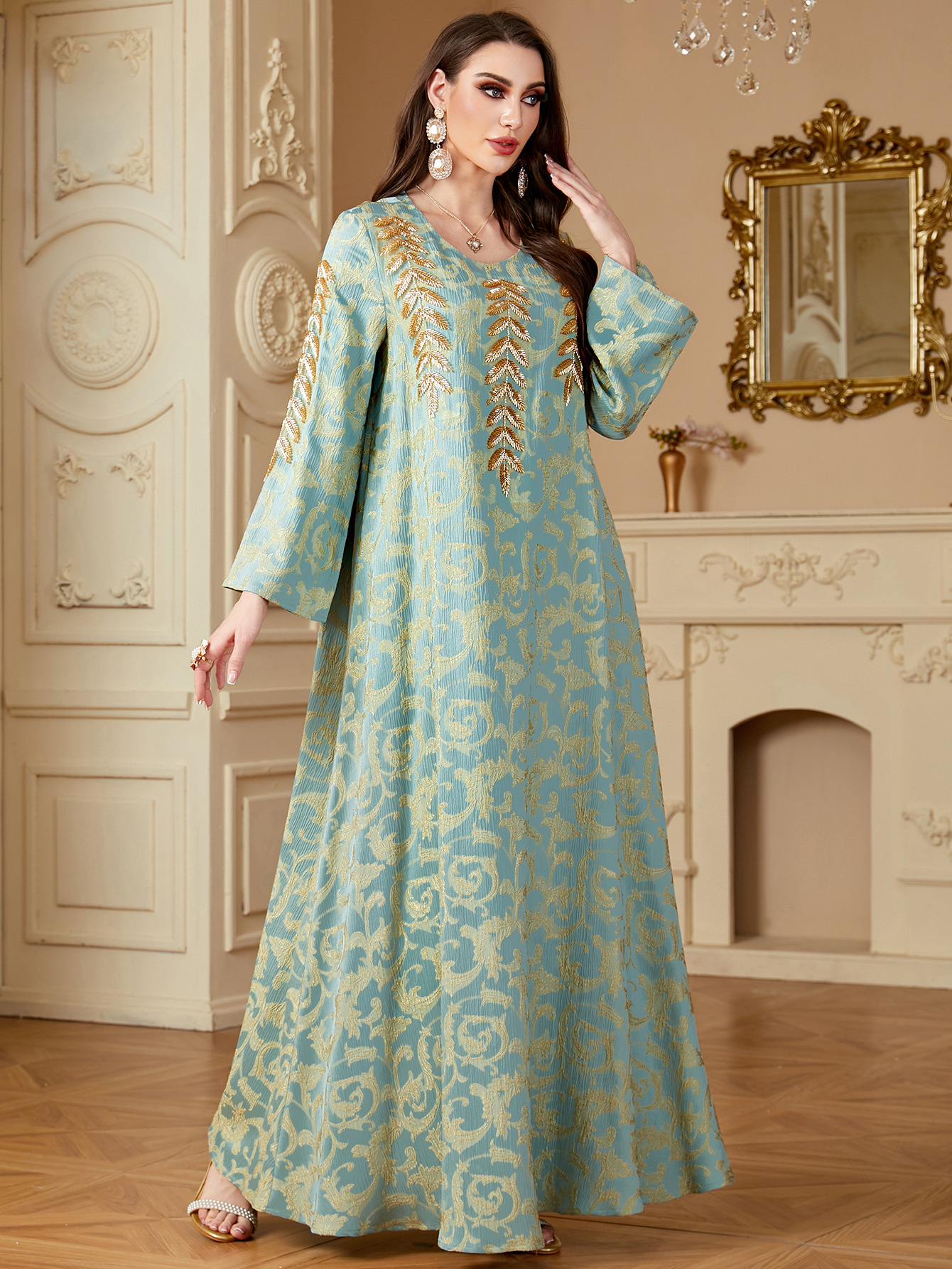4135 Middle East Cross-Border Muslim Robe Women's Long Skirt Fashionable Jacquard Bead Tube Embroidery Abaya Autumn Dress - Image 6