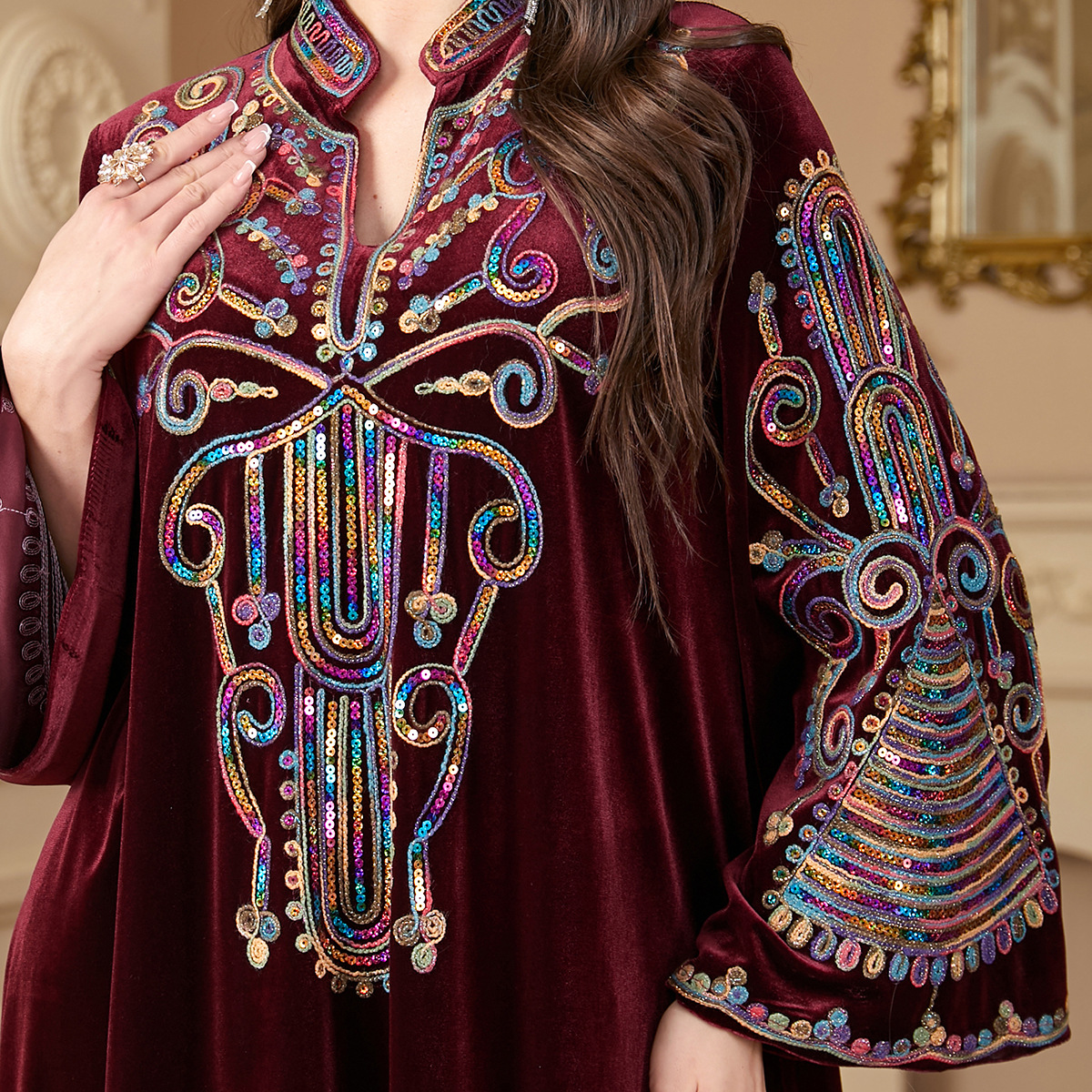4199 Middle East Cross-Border Gold Velvet Sequin Rope Embroidery Arabic Long Skirt Muslim Autumn And Winter Long-Sleeved Dress - Image 3