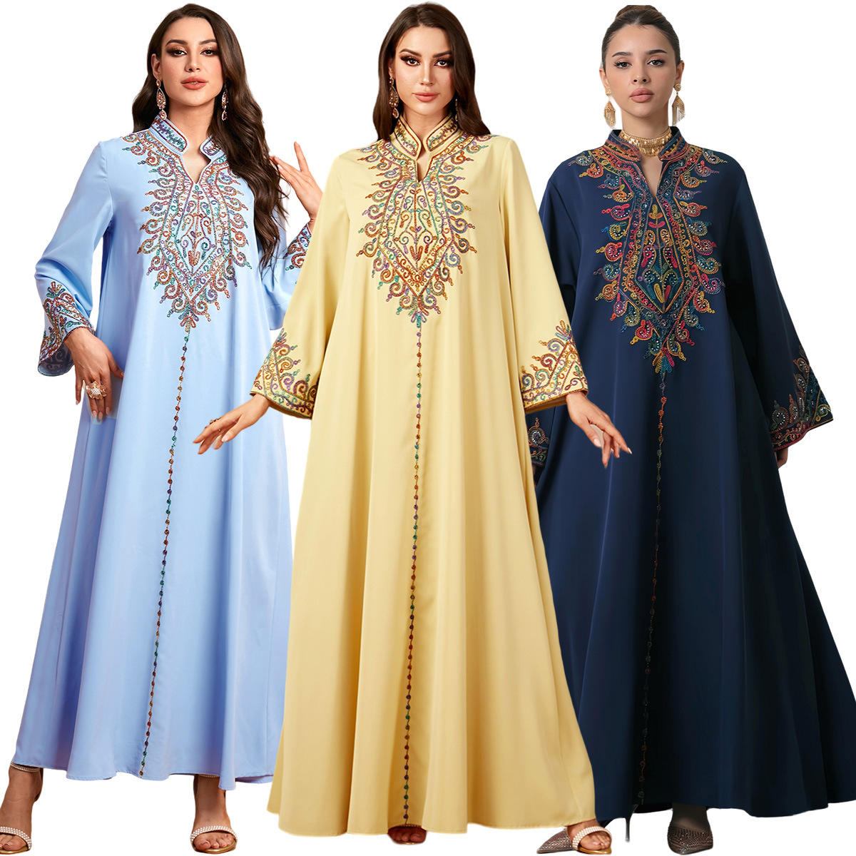 4065 Middle East Cross-Border Robe Muslim Embroidered V-Neck Dress Arabian Dubai Jalabiya Robe