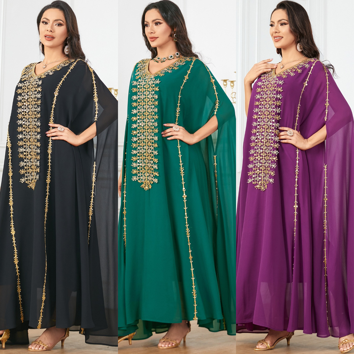 3907 Turkish Middle Eastern Fashion Spliced Embroidered Chiffon Loose Women's Muslim Robe Bat Sleeve Dress