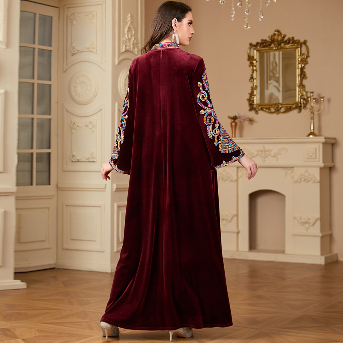 4199 Middle East Cross-Border Gold Velvet Sequin Rope Embroidery Arabic Long Skirt Muslim Autumn And Winter Long-Sleeved Dress - Image 4