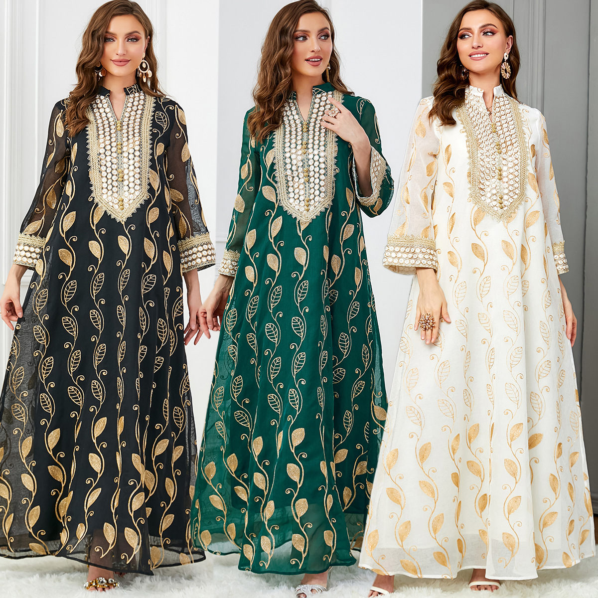 3641 Middle East Arabian Dubai Mesh Embroidery Dress European And American Muslim Fashion Party Evening Dress For Women