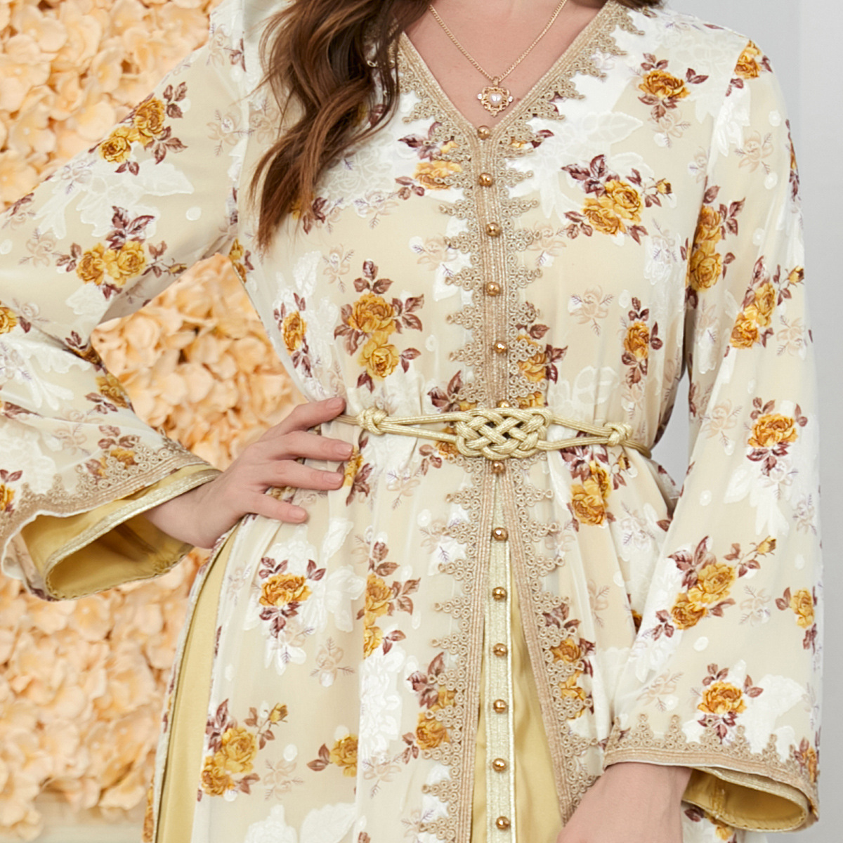 3283 Apricot Muslim Dress New Spring And Summer Women's Foreign Trade Two-Piece Long Skirt Cross-Border Long-Sleeved Dress - Image 4