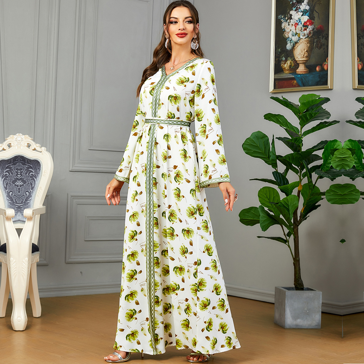 3596 Middle Eastern Arabian Clothing Casual Party New Long Skirt Printed Slit Dubai Dress - Image 4