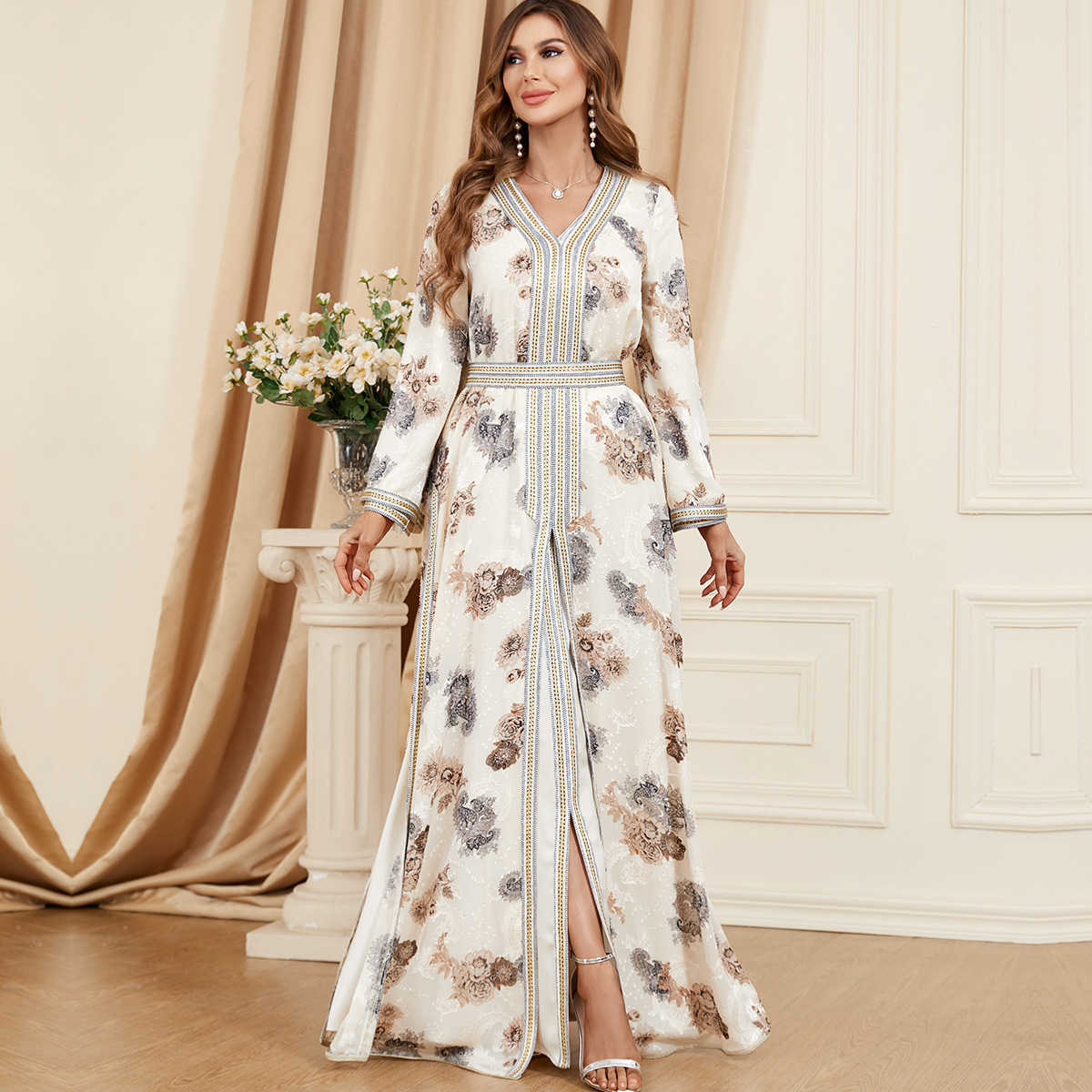 3322 New Middle Eastern Arabian Autumn And Winter Robe Fashion Foreign Trade Women's Printed Two-Piece Evening Dress Dress