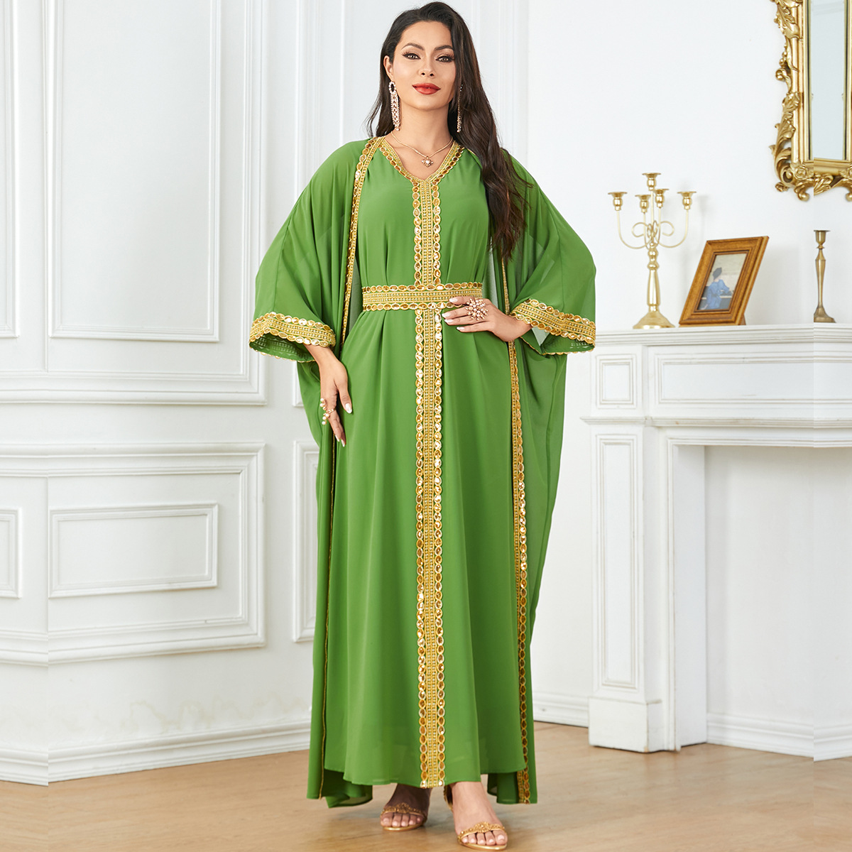 3841 Middle East Foreign Trade Cross-Border 2024 New Muslim Chiffon Solid Color V-Neck Gold Webbing Loose Dress - Image 3