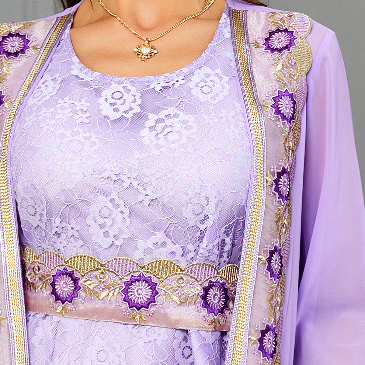 3581 Middle East Popular Chiffon Lace Women's Two-Piece European And American Cross-Border Suit Long Skirt Muslim Dress - Image 5