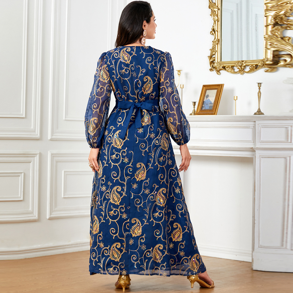 4038 Middle East Cross-Border Muslim Women's Arabian Dubai Abaya Embroidered Fashion Long Sleeve Dress - Image 3