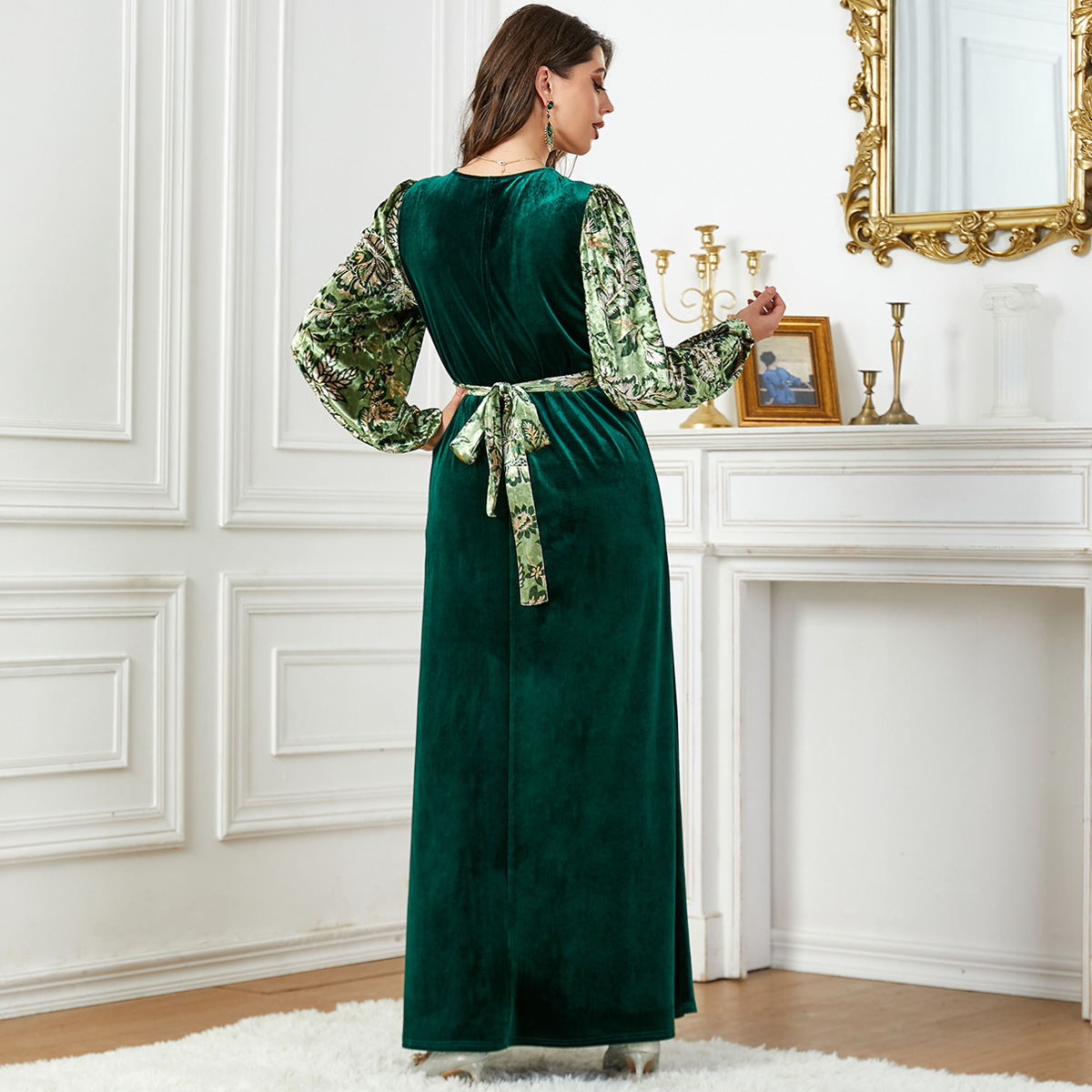 3787 Middle Eastern Muslim Robe Autumn And Winter Velvet Stitching Beaded Women's Dress Elegant Long Skirt - Image 5