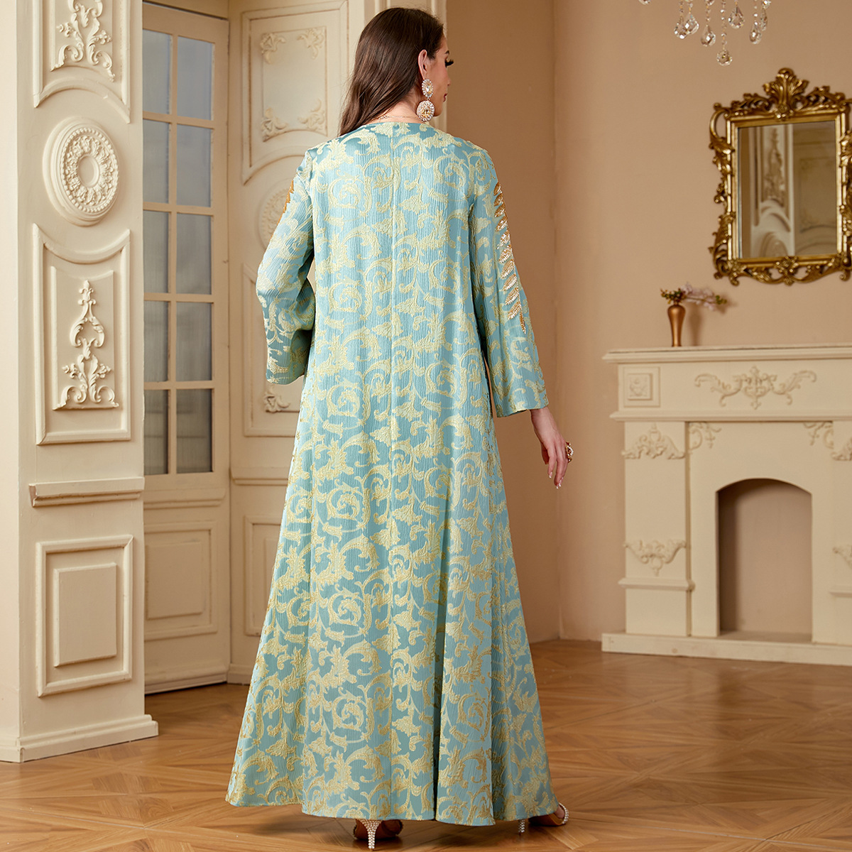 4135 Middle East Cross-Border Muslim Robe Women's Long Skirt Fashionable Jacquard Bead Tube Embroidery Abaya Autumn Dress - Image 3