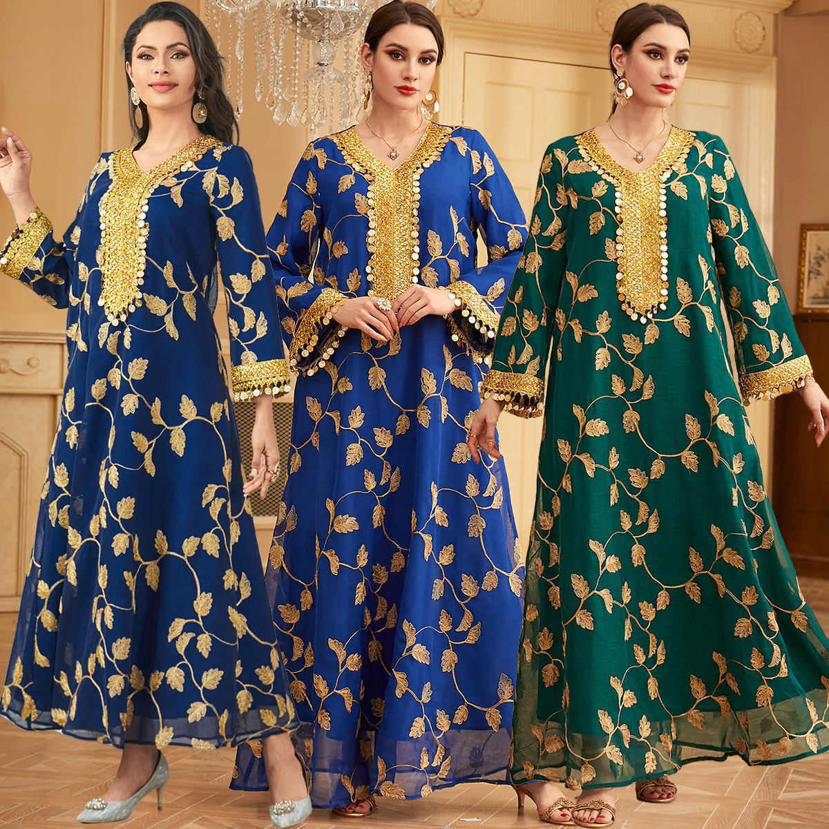 3816 Middle East Arabian Dubai Mesh Embroidered Evening Dress European Muslim Party Dinner Fashion Dress