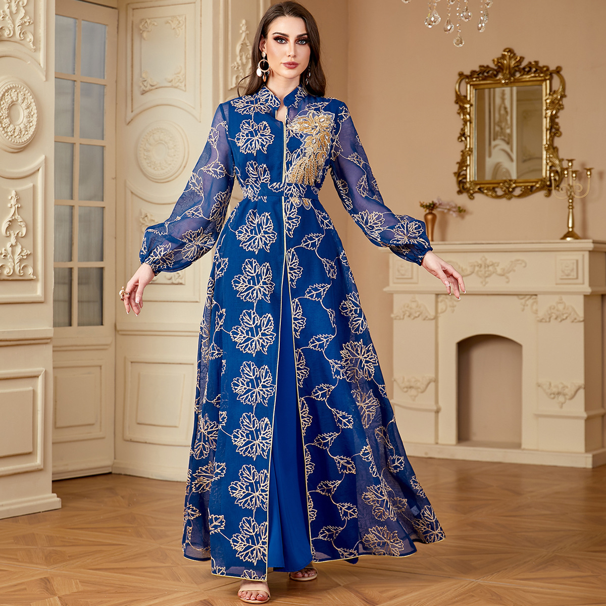 4064 Middle East Cross-Border New Fashion And Elegant Embroidered Women's Muslim Long Skirt Abaya Two-Piece Dress - Image 3