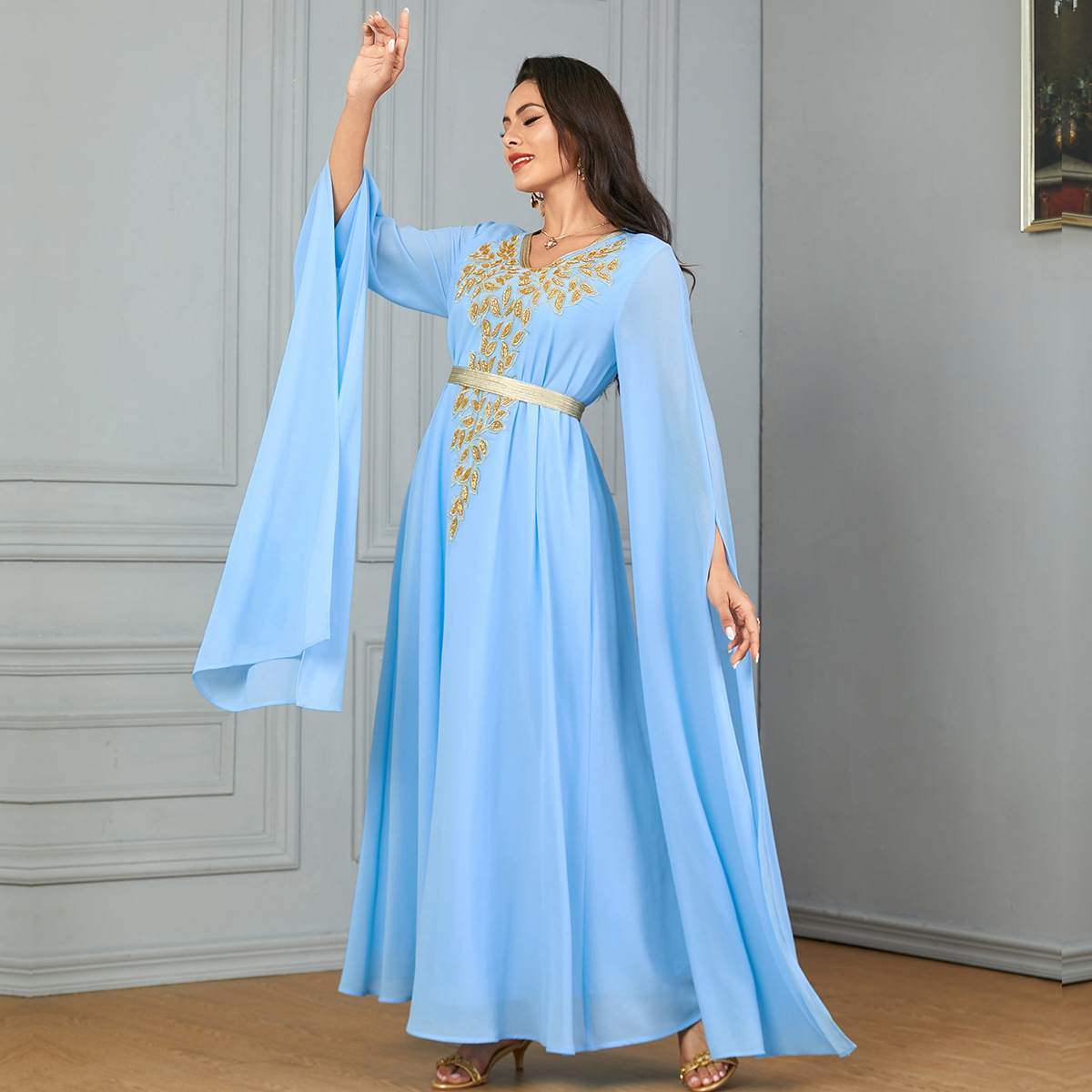 3853 Middle East Amazon Cross-Border New Solid Color Muslim Robe Extra Long Sleeves Wide Swing Women's Dress - Image 2