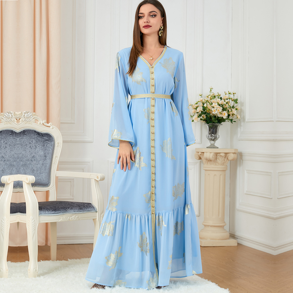3203 Cross-Border Middle Eastern Muslim Women's Clothing Abaya Four Seasons Fashion Women's Clothing Wholesale Hot Stamping European And American Dresses - Image 4
